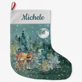 Meia De Natal Grande Doe Fawn Deer Forest Fora de Lua Cheia Aquarela