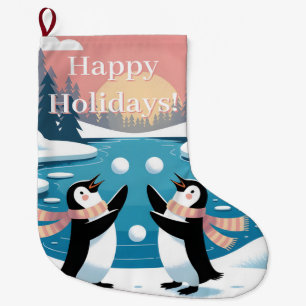 Meia De Natal Grande Dois pinguins fazendo malabarismo com bolas de nev