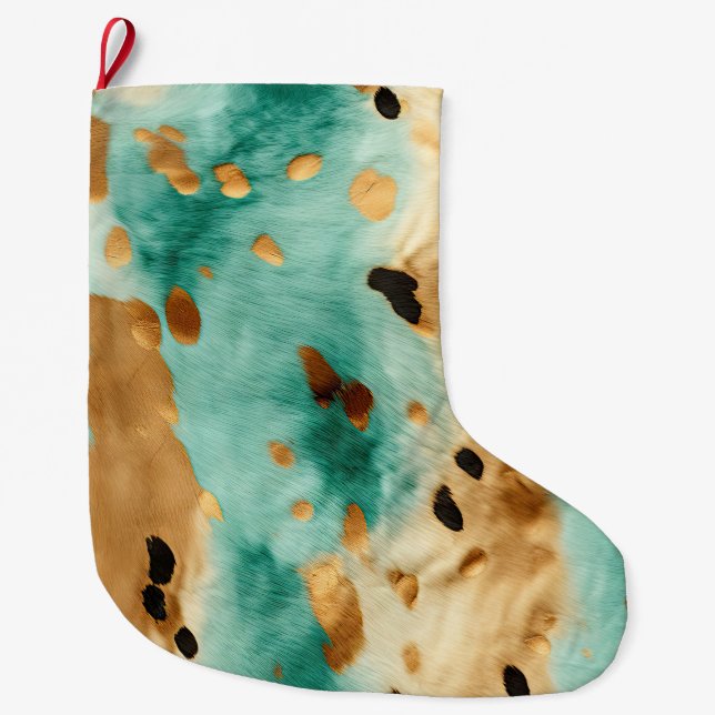 Meia De Natal Grande Dourada Turquoise Mint Animal Cowhide (Frente)