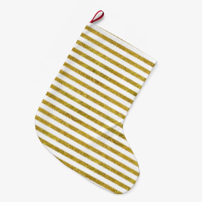 Meia De Natal Grande Dourado e White Chic Stripes (Frente (Pendurada))