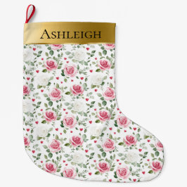 Meia De Natal Grande Dourado Glam Cor-de-Rosa Branco Corações Florais N