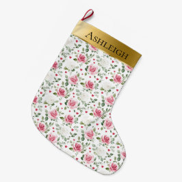 Meia De Natal Grande Dourado Glam Cor-de-Rosa Branco Corações Florais N