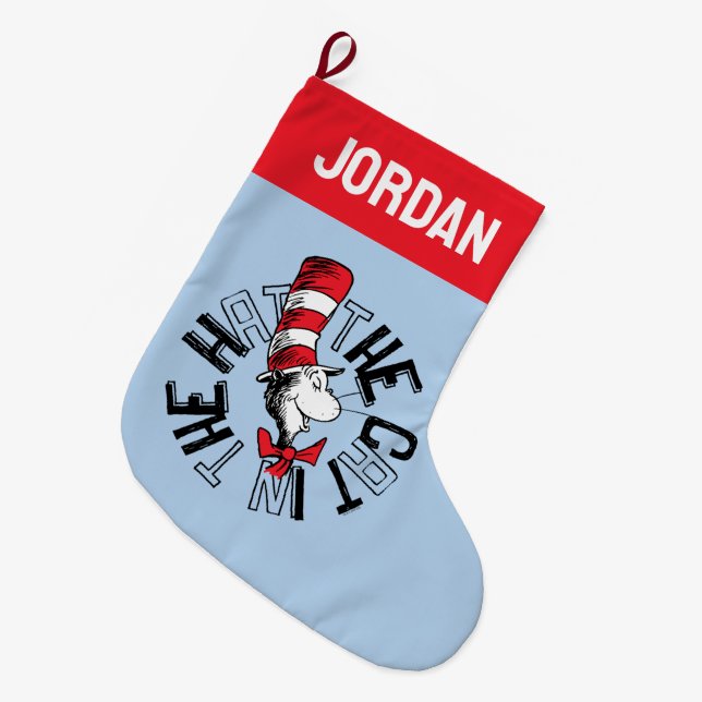 Meia De Natal Grande Dr. Seuss | Gatos na Arte Arredondada do Chapéu (Frente (Pendurada))