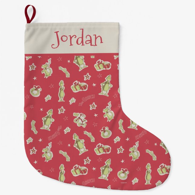 Meia De Natal Grande Dr. Seuss | Grinch | Padrão de Natal Vermelho (Frente)
