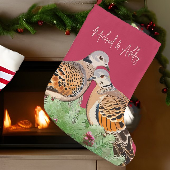 Meia De Natal Grande Duas Tartarugas Dóem Casal De Pássaro Vermelho Fer (2 turtle doves personalized couple's Christmas stocking)