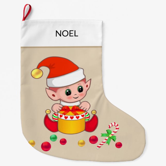 Meia De Natal Grande Duende de Natal com bolas de Natal em bege (Frente)