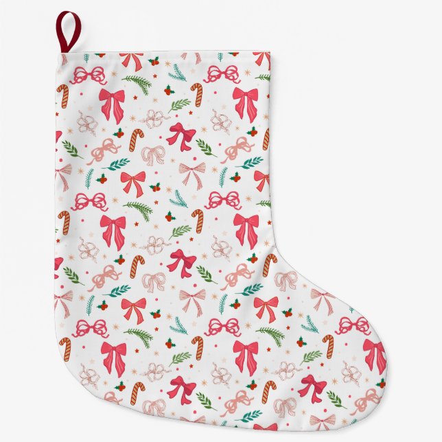Meia De Natal Grande Elegant Christmas bow and candy pattern (Frente)