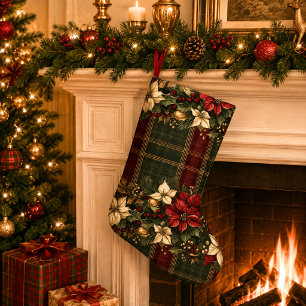 Meia De Natal Grande Elegante Xadrez Burgundy & Poinsettia