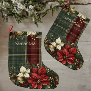 Meia De Natal Grande Elegante Xadrez Burgundy & Poinsettia com Nome Per