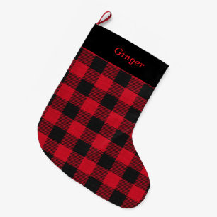 Meia De Natal Grande Elegante Xadrez Preto e Vermelho Personalizado
