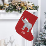 Meia De Natal Grande Elephant Santa Hat Personalizado Vermelho<br><div class="desc">Esta bela estocagem de elefantes de Natal mostra um lindo elefante sorridente vestindo um chapéu vermelho de Papai Noel com um tronco elevado. Esta bonito estocagem personalizada de Natal de animais é decorada com uma adorável experiência de férias verdes. Personalize com seu próprio texto na base para um presente elegante....</div>