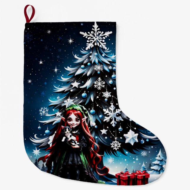 Meia De Natal Grande Elfo de Natal com Kitten. (Frente)