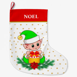 Meia De Natal Grande elfo de Natal, estrelas, poinsettia & pinheiro sob