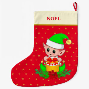 Meia De Natal Grande elfo de Natal, estrelas, poinsettia & pinheiro sob