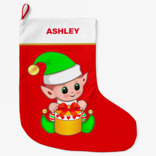 Meia De Natal Grande Elfo de Natal Fofo & Caixa de Presente no Vermelho