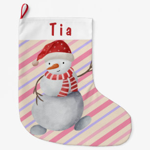 Meia De Natal Grande Encantador Snowman Rosa e Purple Striping Natal