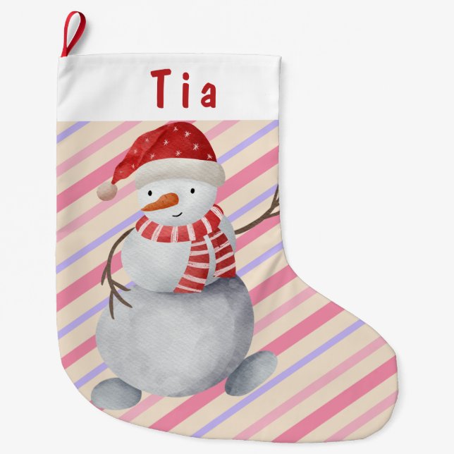 Meia De Natal Grande Encantador Snowman Rosa e Purple Striping Natal (Frente)