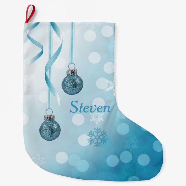 Meia De Natal Grande Enfeites de natal brilhantes azuis (Frente)