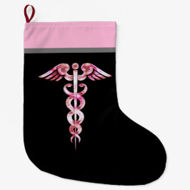 Meia De Natal Grande Enfermeira Caduceus Símbolo Médico Preto Rosa