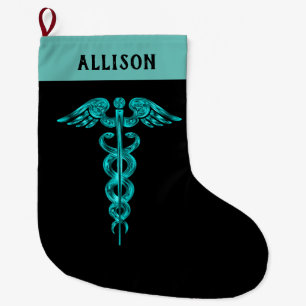 Meia De Natal Grande Enfermeiro Doutor Caduceus Símbolo Turquoise Pret