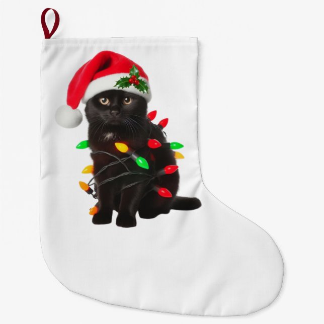Meia De Natal Grande Engraçado Gato Negra Noel Chapéu Natal Luzes de Ár (Frente)