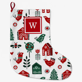 Meia De Natal Grande Escandinavo Vermelho e Verde Monograma Personaliza