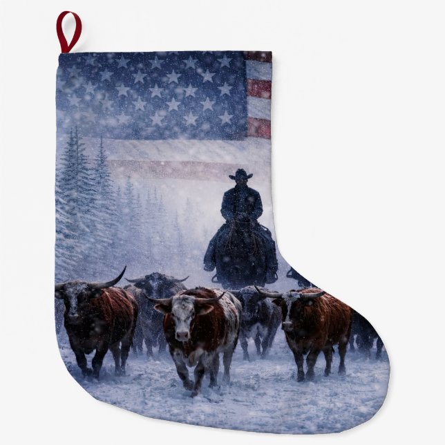 Meia De Natal Grande Espírito Natalino Cowboy com Gado (Frente)