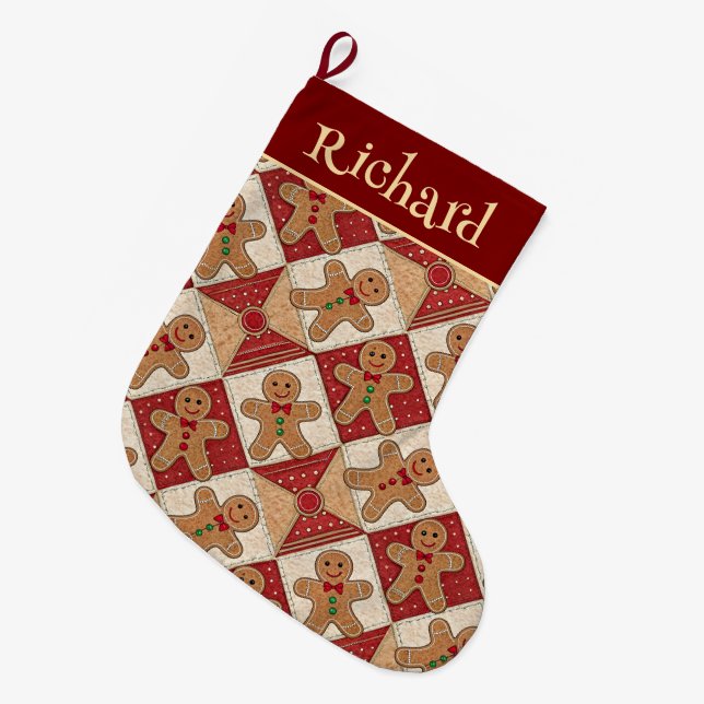 Meia De Natal Grande Estilo de Patchwork de Homem de Biscoito de Gengib (Frente (Pendurada))