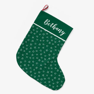 Meia De Natal Grande Estrelas Brancas e Verdes Fofas Nome Personalizado