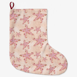 Meia De Natal Grande Estrelas-do-mar e Coral Padrão Pastel Rosa