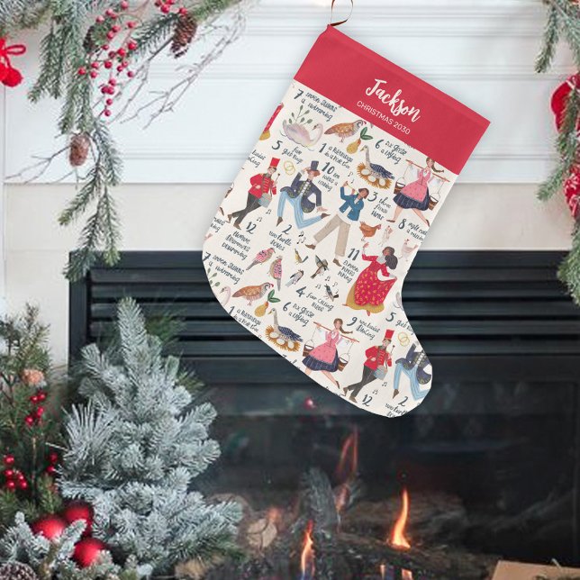 Meia De Natal Grande Fa La La 12 dias de Natal Ecru (12 days of Christmas Stocking )