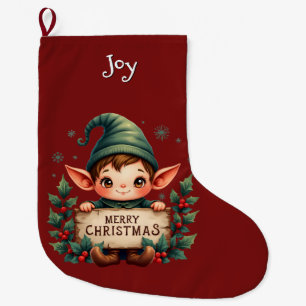 Meia De Natal Grande Fada de Natal Fofo Segurando Placa Merry Verde