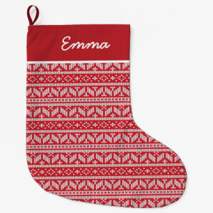 Meia De Natal Grande Fair Isle Red Christmas Name Monograma