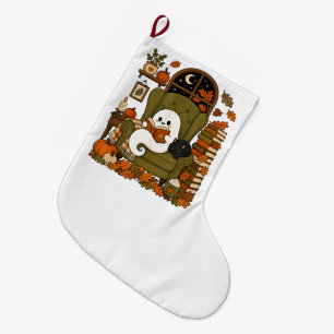 Meia De Natal Grande Fantasma Fofo Lendo Livro Gato Preto Outono Abóbor