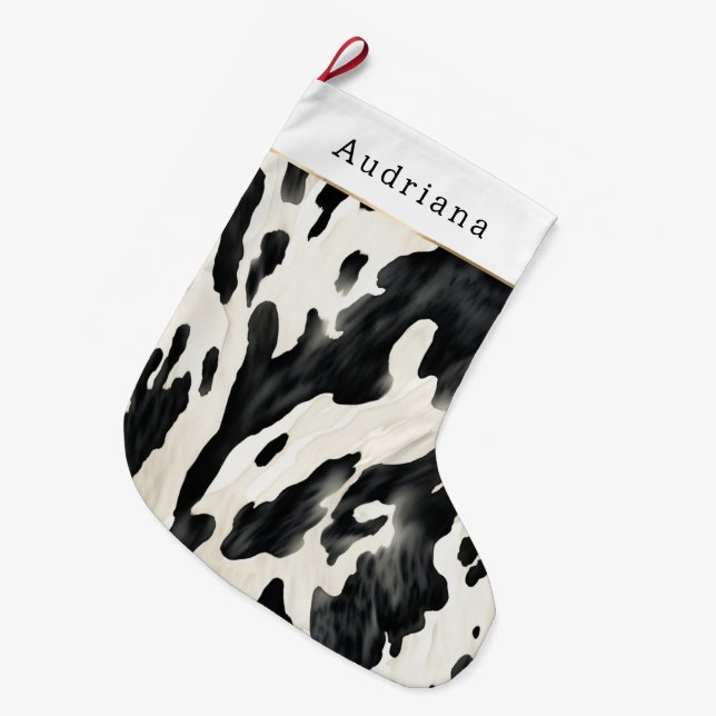 Meia De Natal Grande Farm Black Cream Cow Print Christmas (Frente (Pendurada))