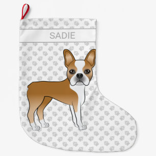 Meia De Natal Grande Fawn Boston Terrier Cartoon Dog e Nome Personaliza
