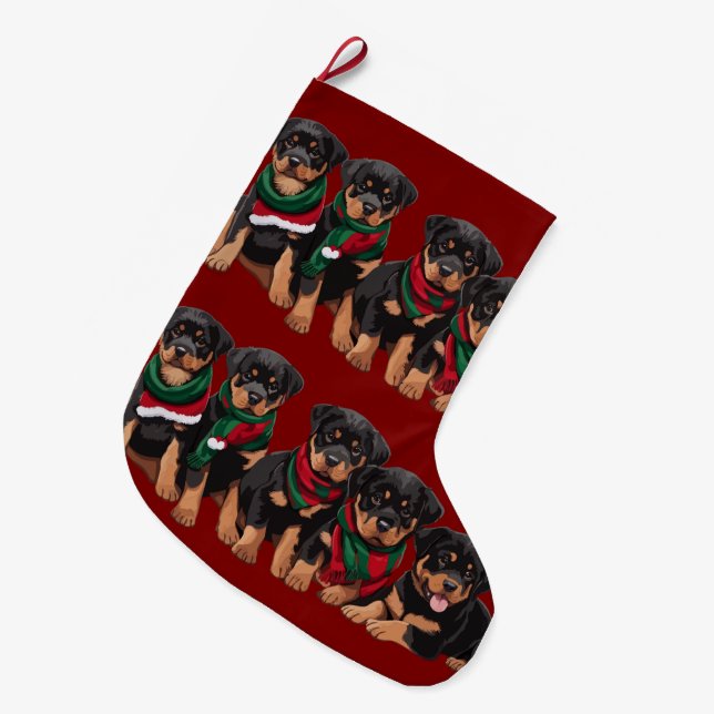 Meia De Natal Grande Feliz Chrismutts Rottweiler Puppies Vestindo Scarf (Frente (Pendurada))