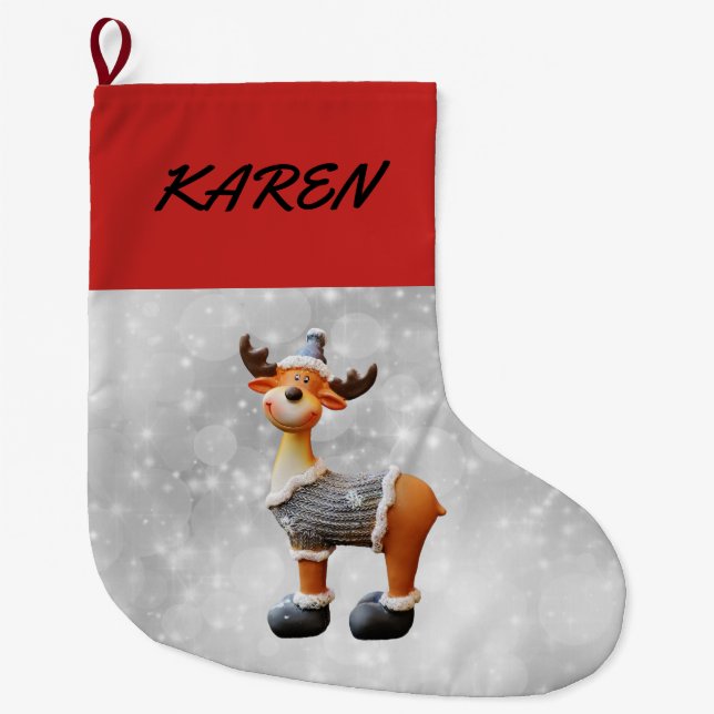 Meia De Natal Grande Feliz Christmoose vestindo um chapéu (Frente)