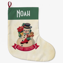 Meia De Natal Grande Feliz Natal Boneco de Neve Vintage