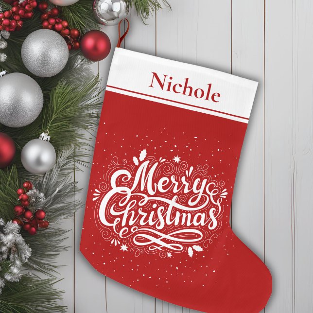 Meia De Natal Grande Feliz Natal Clássico Vermelho e Branco Personaliza (Merry Christmas Classic Red and White Personalized Large Christmas Stocking)