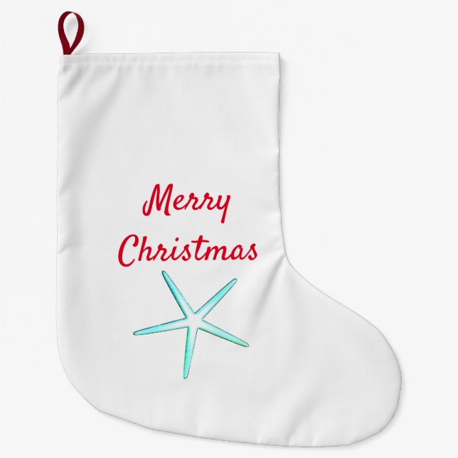 Meia De Natal Grande Feliz Natal Starfish Red Teal White Cute (Frente)