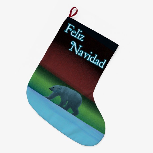 Meia De Natal Grande Feliz Navidad - Urso Polar das Luzes (Frente (Pendurada))