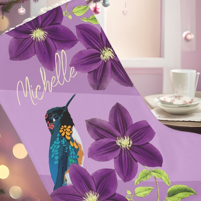 Meia De Natal Grande Feriado Bonito de Flor Roxo Hummingbird Clematis (Personalized purple Christmas stocking Hummingbird drawing & Clematis flower aesthetic holiday decor)