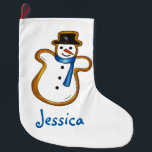 Meia De Natal Grande Feriado Personalizado de Natal de inverno Snowman<br><div class="desc">Apresentando uma ilustração original de um delicioso biscoito de Natal de boneco de neve. Simplesmente personalize com o seu nome! Este design também está disponível em outros produtos. Não vê o que está procurando? Precisa de ajuda para a personalização? Entre em contato com Rebecca para ter algo projetado só para...</div>