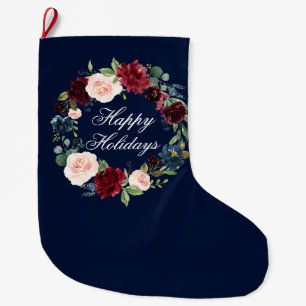 Meia De Natal Grande Feriados Felizes da Watercolor Floral Wreath Azul