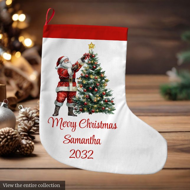 Meia De Natal Grande Festive Chic Santa Claus Red White Rustic Holiday (Festive Santa Claus Red White Rustic Holiday Stocking)