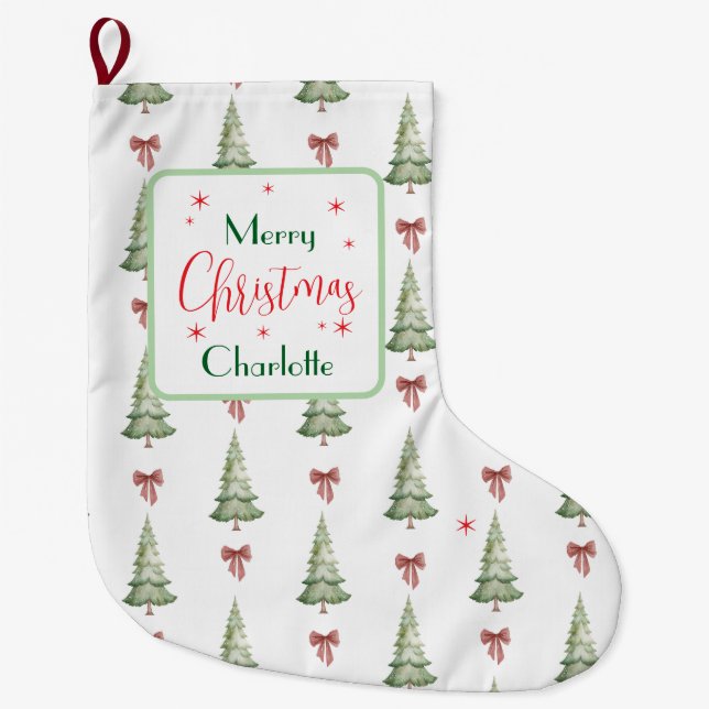 Meia De Natal Grande Festive Red Green Merry Christmas Name Stocking (Frente)