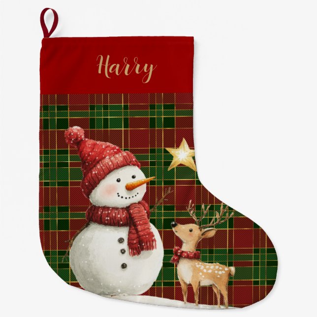 Meia De Natal Grande Festivo Clássico Vermelho Verde Dourado Tartan Sno (Frente)