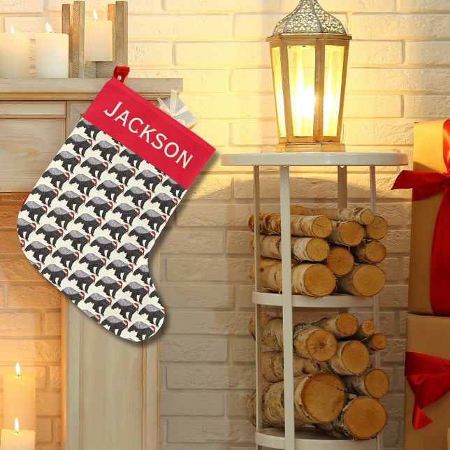 Meia De Natal Grande Festivo Mel Badass Papais noeis Bassas Nome (Honey badger wearing santa hat pattern personalized name Christmas holiday stocking)