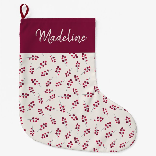 Meia De Natal Grande Festivo Red Holly Pip Berries Monogramas (Frente)